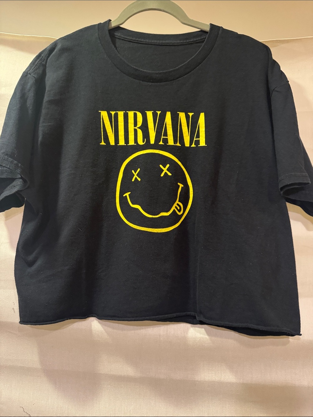 NIRVANA Black Crop Tee with Yellow Smiley